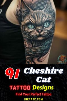 a woman with a cat tattoo on her arm and the words 91 cheesfire cat tattoos