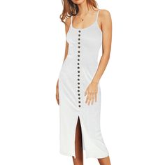 White Button Detail Split Ribbed Bodycon Dress Casual Bodycon Dress With Buttons, Casual Spring Bodycon Dress With Buttons, Casual Bodycon Dress With Buttons For Spring, Summer Knee-length Bodycon Dress With Button Closure, Spring Bodycon Dress With Buttons, Cute Beach Outfits, Sundresses Women, Boho Hippie Dress, Looks Pinterest