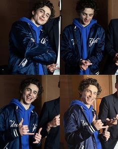 four different pictures of a man in a blue hoodie smiling and pointing at his finger