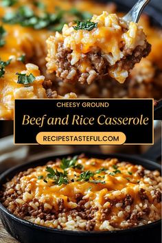 cheesey ground beef and rice casserole in a skillet