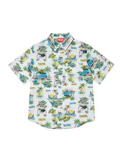 white/multicolour cotton all-over graphic print all-over logo print classic collar chest patch pocket short sleeves front button fastening curved hem Surf Van, Bowling Shirt, Tropical Pattern, Boys Top, Beach Scenes, Mini Fashion, Boys Shirts, Tropical Print, Shorts With Pockets