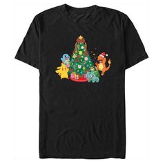 Gotta catch 'em all! Get into the holiday spirit with the iconic world of Pokemon cards, video games, TV shows, and more with adorable new officially licensed apparel for the whole family featuring your favorite Pokemon all dressed up for the Christmas season! This Men's Pokemon Christmas Tree Characters Graphic T-Shirt features Pikachu, Squirtle, Charmander, and Bulbasaur celebrating around a Christmas tree decorated with candy canes, bows, festive lights, and Pokemon-shaped ornaments, includin Christmas Themed Graphic Print T-shirt, Disney Graphic Print T-shirt For Holiday, Disney Christmas T-shirt For Fan Events, Disney Crew Neck T-shirt For Holiday, Holiday Disney Crew Neck T-shirt, Disney Holiday Crew Neck T-shirt, Christmas Themed Short Sleeve Tops, Pokemon Christmas Tree, Pokemon Christmas