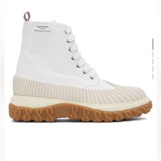 New In Box White Low-top Boots With Rubber Sole, White Lace-up Boots With Rubber Sole, Modern White Boots With Lug Sole, Modern White Boots With Rubber Sole, Modern White Low-top Boots, White Lace-up Boots With Textured Sole, White Low-top Boots With Textured Sole, Thom Browne Shoes, Duck Boot