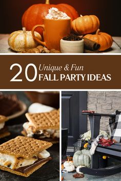 some pumpkins and other foods are on display with the words 20 unique and fun fall party ideas