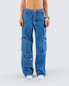 Your everyday style just got an upgrade 💙 Featuring a low-rise, baggy fit and pockets that are perfect for stashing all of your essentials, these blue denim cargo pants will have you turning the streets into your personal runway 👏 Blue Utility Flare Jeans With Patch Pockets, Mid-rise Cargo Jeans With Patch Pockets, Mid-rise Rigid Denim Cargo Jeans With Patch Pockets, Urban Straight Leg Cargo Jeans, Urban Straight Leg Cargo Jeans With Pockets, High-rise Utility Cargo Jeans For Streetwear, Dark Wash Cargo Style Flare Jeans For Streetwear, Wide Leg Rigid Denim Cargo Pants, Utility High-rise Cargo Jeans For Streetwear