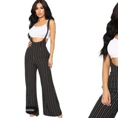 Nwot Never Worn Super Cute! No Longer Available To Purchase Online-Sold Out! Minor Defect Shown On Last Photo Suspender Flared Pants Wide Leg 95% Polyester 5% Spandex Made In Usa Overall Pants, Fashion Nova Pants, Flared Pants, Pants Wide Leg, Jumpsuit Fashion, Vertical Stripes, Flare Pants, Black Stripes, Black Pants