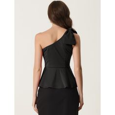 If you're looking for a stylish and feminine top that can be worn for almost any occasion, you might want to consider this peplum top. With its one-shoulder design, self-bow shoulder, ruffle hem, and peplum style, this top is both unique and flattering. The one-shoulder design accentuates your collarbone and adds a touch of elegance to your look, while the peplum style and ruffle hem create a flattering silhouette. This top is versatile enough to be worn for daily wear, casual outings, work, off Elegant One Shoulder Top With Ruffles For Evening, Elegant One Shoulder Top With Ruffles For Parties, Chic Sleeveless Off-shoulder Top For Night Out, Feminine Peplum Party Top, Elegant Fitted One Shoulder Top With Ruffles, Chic Sleeveless Off-shoulder Top For Party, Elegant Summer Peplum Top For Party, Feminine One Shoulder Tops For Evening, Feminine Strapless Top For Evening