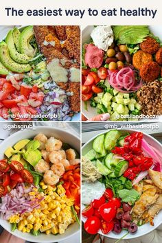 four pictures showing different types of salads and what to eat them in each bowl