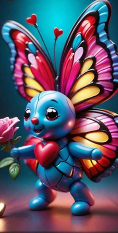 a blue and red butterfly holding a pink rose in it's right hand while standing next to a lit candle