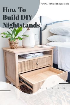 a nightstand with a plant on top and the words how to build diy nightstands above it