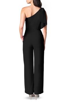 An elegant one-shoulder neckline and figure-skimming silhouette style a sophisticated jumpsuit with two panels that cascade over the single shoulder. 61 1/2" length (size Small) One-shoulder neck Sleeveless Partially lined 97% polyester, 3% spandex Machine wash, dry flat Imported One Shoulder Fitted Jumpsuits And Rompers For Cocktail, Fitted One-shoulder Jumpsuits And Rompers For Cocktail, Elegant Strapless Jumpsuit For Night Out, Elegant Solid Strapless Jumpsuit For Evening, Elegant Formal Strapless Jumpsuit, Elegant One-shoulder Fitted Jumpsuit, Fitted Evening Jumpsuit With Asymmetrical Neckline, Evening Fitted Jumpsuit With Asymmetrical Neckline, Elegant Black Strapless Jumpsuit For Evening