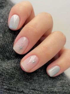 short milky white and light blue nails with silver star accents Her Nails, Nail Designs, Nail Polish, Nails, Christmas, White