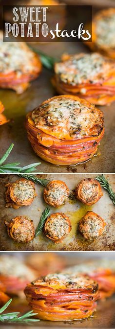 sweet potato stacks on a baking sheet with rosemary sprigs