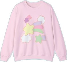 Long Sleeve Pink Tops With Anime Print, Pastel Long Sleeve Cotton Tops, Kawaii Long Sleeve Tops With Anime Print, Cute Pastel Cotton Top, Kawaii Cotton Crew Neck Sweatshirt, Trendy Pastel Crew Neck Top, Cute Pastel Crew Neck Tops, Pink Kawaii Crew Neck Sweatshirt, Kawaii Graphic Print Crew Neck Sweatshirt