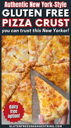 overhead of a sliced cheese pizza with a slice being folded Gluten Free Pizza Dough, Gluten Free Pizza Crust, Pizza Shop, Ny Style, Gluten Free Flour Blend, Crust Pizza, Gluten Free Recipes For Dinner, Gluten Free Pizza, Dairy Free Options