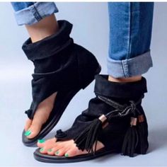 Brand New. Super Cool Boho Hipster Chic. Measures 10 Inches Size 12 Women Shoes, Casual Shoes Women Flats, Black And Khaki, Fringe Sandals, Womens Gladiator Sandals, Genuine Leather Sandals, Leather Gladiator Sandals, Tassels Fashion, Suede Leather Boots