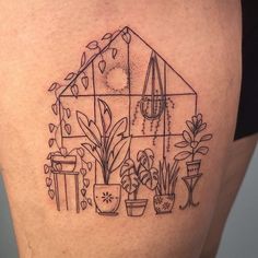 a woman's thigh with potted plants and houseplants on the side