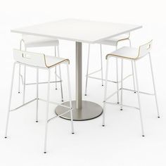 three white chairs and a table with one chair on the other side, in front of a white background