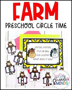 farm preschool circle time printables and activities for the letter e, with text overlay