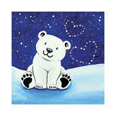 a painting of a polar bear sitting in the snow with stars and sky behind it