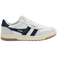 Buy Gola men's Hawk sneakers in white/blue online from gola.co.uk Gola Sneakers, Clogs Heels, Retro Sneakers, Blazer With Jeans, Sneakers Online, Grey Women, Old Skool, Green Leather, Green Gold