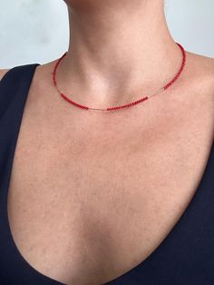 .Stylish choker made of minimal cut coral beads. .Micro silver pieces are handmade and gold plated. .Closure is gold plated silver. .A jewel that will elevate your style. .This minimal red stone necklace will make you feel very elegant and good. 💌D E T A İ L S Unique  Minimalis style Materials: Silver,Semi-Precious Stone Closure:Gold Plated Sterling Silver Hook Necklace Length: 47 CM (19 inches) 📐L E N G T H  A D J U S T M E N T S Measurements and weight are close approximations. If have conce Minimalist Red Beaded Necklaces, Minimalist Red Beaded Necklace, Red Tiny Beads Choker Jewelry, Red Beaded Dainty Jewelry, Red Beaded Choker Jewelry, Red Dainty Jewelry With Round Beads, Dainty Red Round Bead Jewelry, Dainty Red Necklace With Tiny Beads, Red Dainty Round Beaded Jewelry