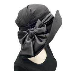 Couture wide brim  Black linen derby hat with satin band and bow Handmade Linen Hat, Bespoke Hats, Bow Scarf, Derby Hat, Handmade Hat, Derby Hats, Satin Bow, Head Covering, About Fashion