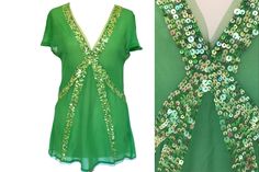 "Original Early 90s Vintage lovely Antik Batik Spring Green Pure Sheer Silk Crepe de Chine Sequinned Mardi Gras Festival Top, St Pat's wear, St Patrick's top blouse, Mother's Day gift, Easter outfit. Tag says size S but please check out measurements below as vintage sizes differ. Measurements: Shoulders 15\" Chest 34\" Waist 32\" Length 28 1/2\" Excellent condition, no issues. No real signs of wear or faults that I can see, all delicate and pretty sequins intact. I ship the same or the next day Green V-neck Festival Blouse, Green V-neck Tunic For Festival, Rainbow Sequin Top, Green Hippie V-neck Top, Vintage Sequin Party Top, Embellished Green Sequin Fabric, Carnival Dress, Antik Batik, Country Wear