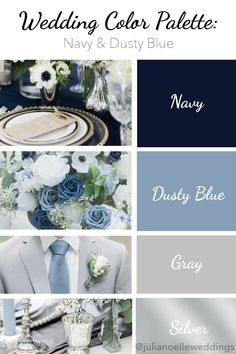 Navy Blue & Dusty Blue Wedding Color Palette: navy blue, dusty blue, gray, and silver and wedding photos Dusty Blue Navy Silver Wedding, Navy Gray Wedding Colors, Dusty Blue And Dark Blue Wedding, January Wedding Dusty Blue, Navy Grey Wedding Colors, Dusty Navy Blue Wedding, Grey Blue Wedding Theme, Blue And Gray Wedding Colors, Dusty Blue And Navy Blue Wedding Theme