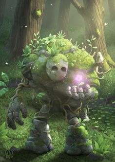 an animated creature in the middle of a forest with lots of green plants and trees