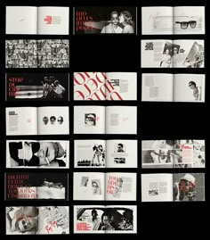 an open book with black and white photos on it's cover, surrounded by red lettering