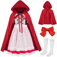 PRICES MAY VARY. PACKAGE INCLUDES: Child Standard Size Halloween Costume for Girl Party - Peasant Dress, Red Hooded Cape, Basket, Red Ponytail Holders, White Socks. VALUE COSTUME: Complete Your Halloween Character Look with This Character Dress up, You Will Definitely Halloween the Character Look. OCCASIONS: This Halloween Character Outfit is Excellent for Halloween Character Costume,Theme Party, Themed Birthday Parties, Performances Costumes for Girls. PREMIUM MATERIAL: The Peasant Clothes Not Red Queen Kids Costume, Little Red Riding Hood Hat, Little Red Riding Hood Fancy Dress, Red Riding Hood Costume Kids, Book Character Costume, Red Ponytail, Red Riding Hood Party, Halloween Costume For Kids, Halloween Capes