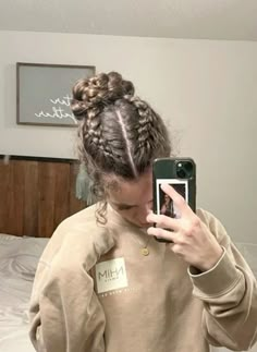 Braided And Bun Hairstyles, Cute Gym Updos Workout Hair, High Braided Bun Hairstyles, Sporty Hairstyles For Medium Length Hair, Cute School Hairstyles Braids, High Bun Braid Hairstyles, Two Braids To Bun, Double Dutch Braid Into Bun, Basketball Bun Hairstyle