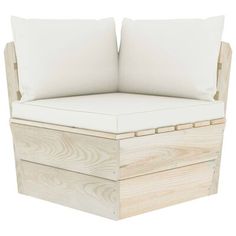 a wooden bench with two white pillows on it's back and seat cushion in the middle