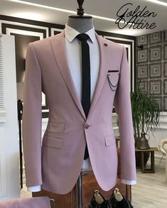 This is a Classic  Suit by Golden Attire crafted from high quality fabric and imported materials. Our products are handcrafted by experienced tailors who make sure the that the stitching is precise, lining is proper and the overall product is sturdy enough to not go out of shape for more than a few years. Also all our products have extra margins in their length, sleeves, sides so it's easily alterable if your size changes after some time. To see more available colours and designs in this collect Elegant Pink Groom's Suit, Elegant Pink Blazer For Groom, Tailored Pink Tuxedo For Business, Pink Three-piece Suit With Suit Collar For Formal Occasions, Pink Three-piece Suit For Formal Occasions, Pink Three-piece Suit For Formal Events, Tailored Pink Suits For Groom, Tailored Pink Suit For Groom, Pink Tuxedo With Suit Collar For Semi-formal Occasions