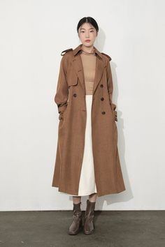 Catherine Storm Flap Trench Coat – MEAN BLVD Winter Beige Gabardine Pea Coat, Beige Gabardine Pea Coat For Winter, Brown Gabardine Long Coat, Brown Long Coat For Office, Fall Gabardine Wool Coat With Long Sleeves, Winter Single Breasted Gabardine Outerwear, Winter Single-breasted Gabardine Outerwear, Modern Double-breasted Fall Outerwear, Modern Double-breasted Outerwear For Fall