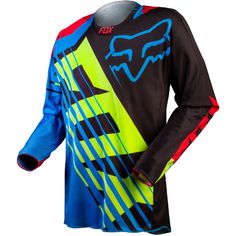 the fox racing jersey is shown in blue, yellow and red