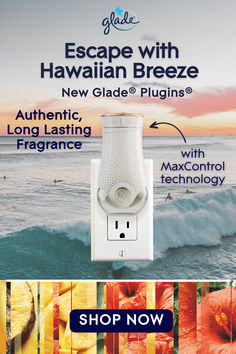 an advertisement for the new electric plug in front of a beach with tropical flowers and water