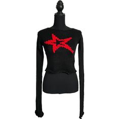 Black knit with red star long sleeve shirt Black Stretch Top With Star Print, Long Sleeve Star Print Tops For Fall, Long Sleeve Tops With Star Print For Fall, Fitted Long Sleeve Tops With Star Print, Black Star Print Top For Winter, Fitted Star Print Tops For Fall, Fitted Tops With Star Print For Fall, Knit Star, Star Y2k