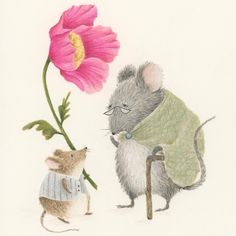 a drawing of a mouse and a pink flower