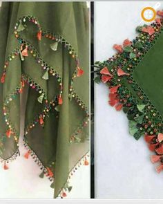 there is a green scarf with tassels and beads on the bottom, and an image of a shawl