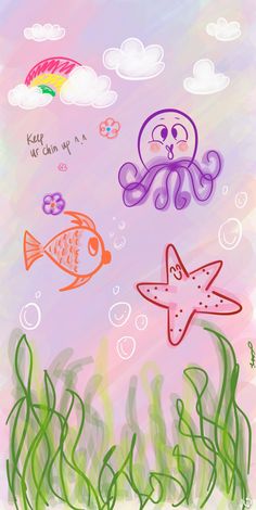 an underwater scene with octopus, starfish and other sea creatures in pastel colors