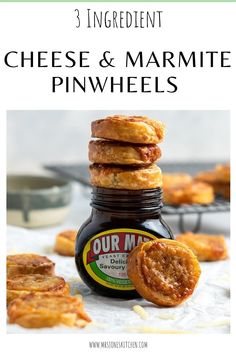 cheese and marmite pinwheels stacked on top of each other with text overlay