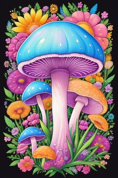 colorful mushrooms and flowers on a black background