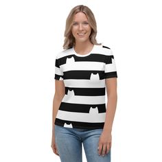 Gabby's Dollhouse Inspired Shirt, Gabby Cat Shirt from Gabby Dollhouse, Women's Matching Mother Daughter, Costume, Adult Women's Sizes S - 2XL Dress to match your daughter just like Gabby from Gabby's dollhouse with this adorable black and white striped tee. Comes in sizes S-XL. Perfect for you and your daughter to wear on her birthday or for Halloween.  PLEASE NOTE THIS RUNS SMALL, SIZE UP AT LEAST ONE SIZE! * 95% polyester, 5% elastane (fabric composition may vary by 1%) * Premium knit mid-wei Fitted White T-shirt With Cat Print, Fitted Short Sleeve Tops With Cat Design, Fitted Short Sleeve Tops With Cat Print, White Short Sleeve Shirt With Cat Print, Fitted White Cat Print Top, White Fitted Top With Cat Print, Fitted White Top With Cat Print, Black Cat Design T-shirt, Cute Tops With Cat Design