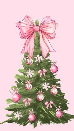 a christmas tree with pink bows and baubles on it's top, in front of a pink background