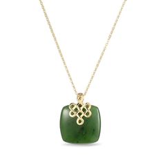 Symbolic of good fortune and harmony, this cushion-shaped jade with lucky knot pendant is a meaningful gift. 18K gold Features a 18.0mm cushion-shaped lush-green Nephrite jade Sculpted lucky knot detail above completes the elegant design 18.0-inch adjustable cable chain; spring-ring clasp Peoples Jewellers, Necklace Clasps, Nephrite Jade, Jade Stone, Good Fortune, Chain Ring, Lush Green, Necklace Designs, Cable Chain