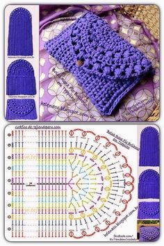 the crocheted hat and scarf are shown in two different pictures, one is purple