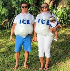 a man and woman are dressed up as ice bags