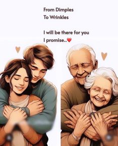 an elderly couple hugging each other with the caption from dimples to wrinkles i will be there for you i promise